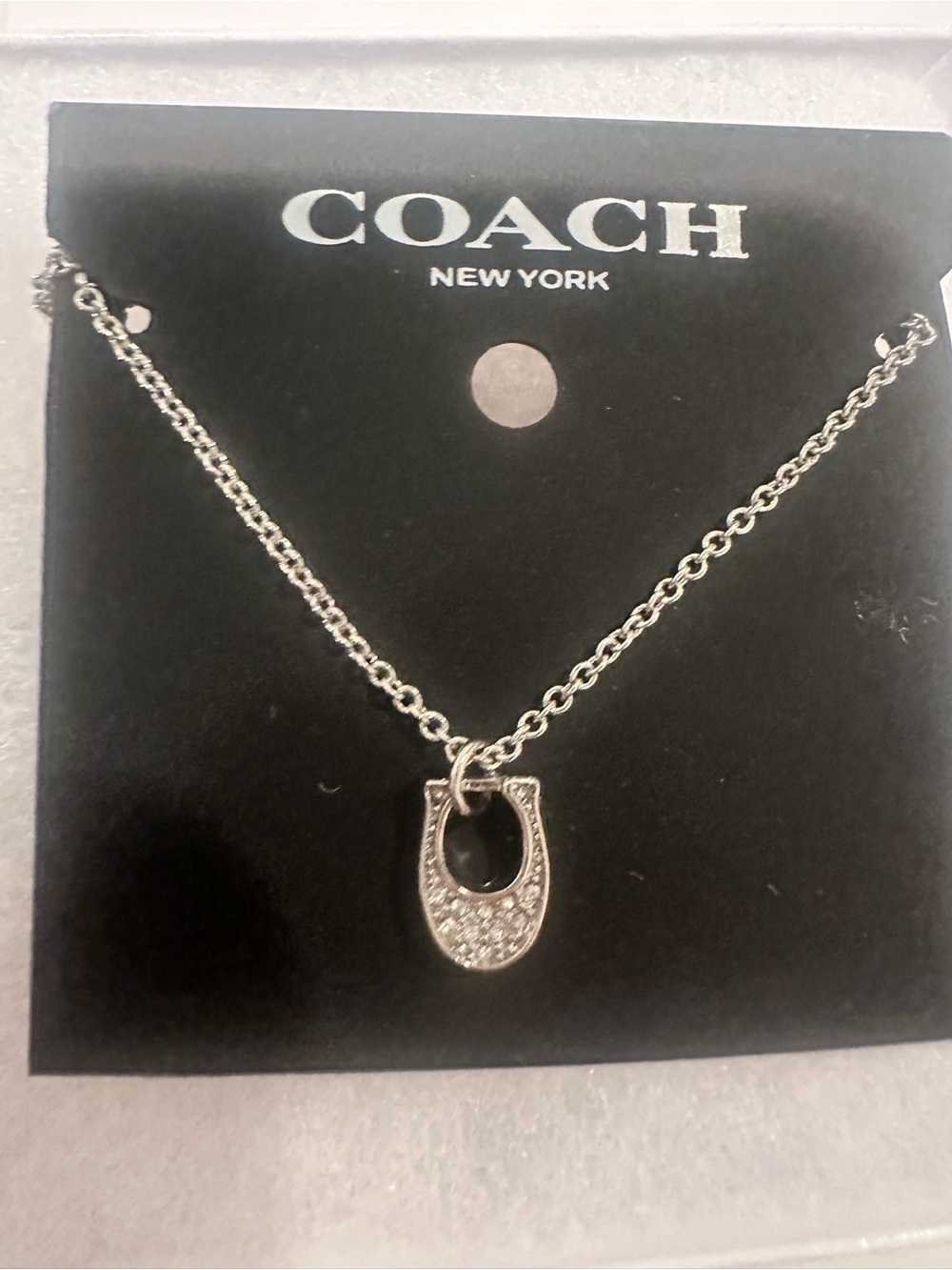Coach Silver Crystal Horseshoe Charm Necklace in plain white gift box